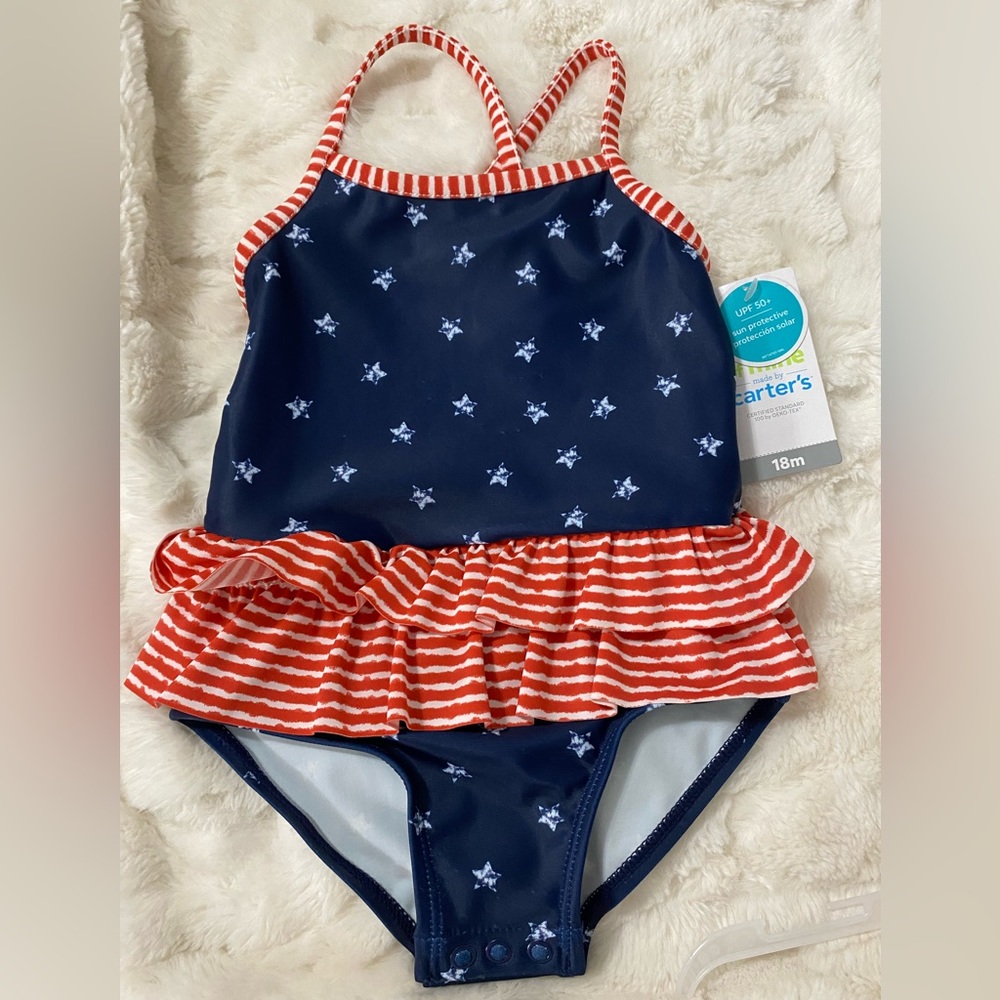Girls One Piece Swim Suit Stars & Stripes  NWT